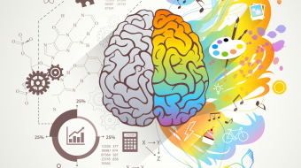 Left and right brain concept with colors music and science flat vector illustration