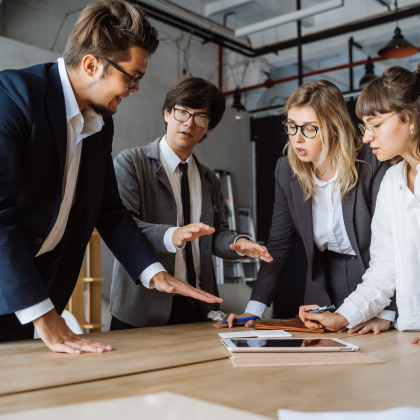 Business people negotiating having discussion, dispute or disagreement at meeting or negotiations, colleagues brainstorming debating about project during teamwork working together in office